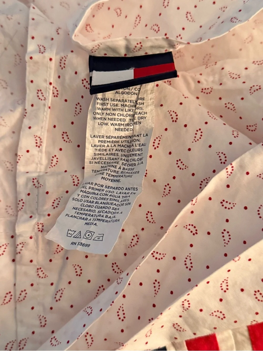 Vintage Tommy Hilfiger Red & White Paisley Cotton Twin Size Flat Sheet